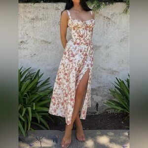 Commense Rosebud Floral Midi Sundress White Pink Slit Corset Small NWT
